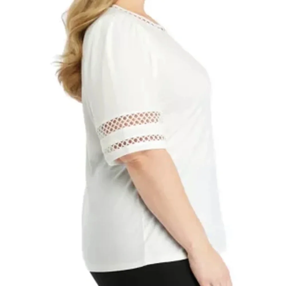 Anne Klein Harmony Knit Lace Trim Elbow Sleeve T-Shirt White Size 2X Casual - Picture 3 of 13